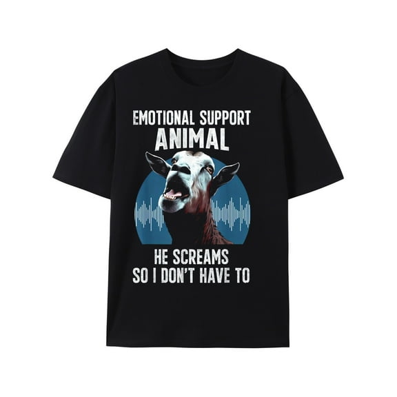 Men's Black Cotton T-Shirt with Screaming Goat Graphic - "Emotional Support" Print, Breathable & Soft, Round Neck Short Sleeve Casual Sportswear