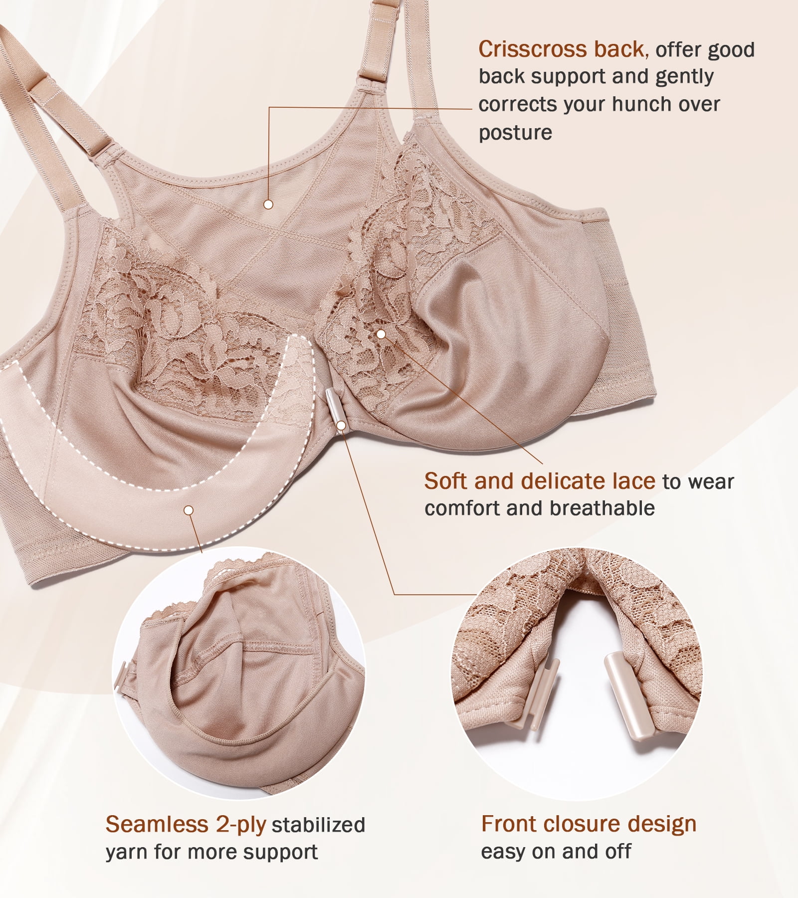 Exerin Women's Front Closure Non Padded Underwire Plus Size Posture Back Support Bra(36DDD,Beige)