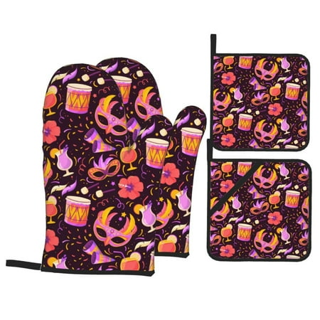 

Oven Mitts and Pot Holders Sets 4 pcs - Festive Carnival Party Elements Heat Resistant Silicone Oven Gloves with Non-Slip Silicone Surface and hot pads for kitchen Baking Cooking BBQ
