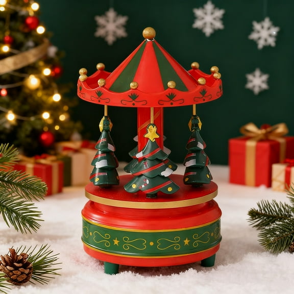 Christmas Carousel Figurines Decoration Christmas Village House Musical Carousel with 4 Horses Go Round, Music Box Gift for Girls and Boys