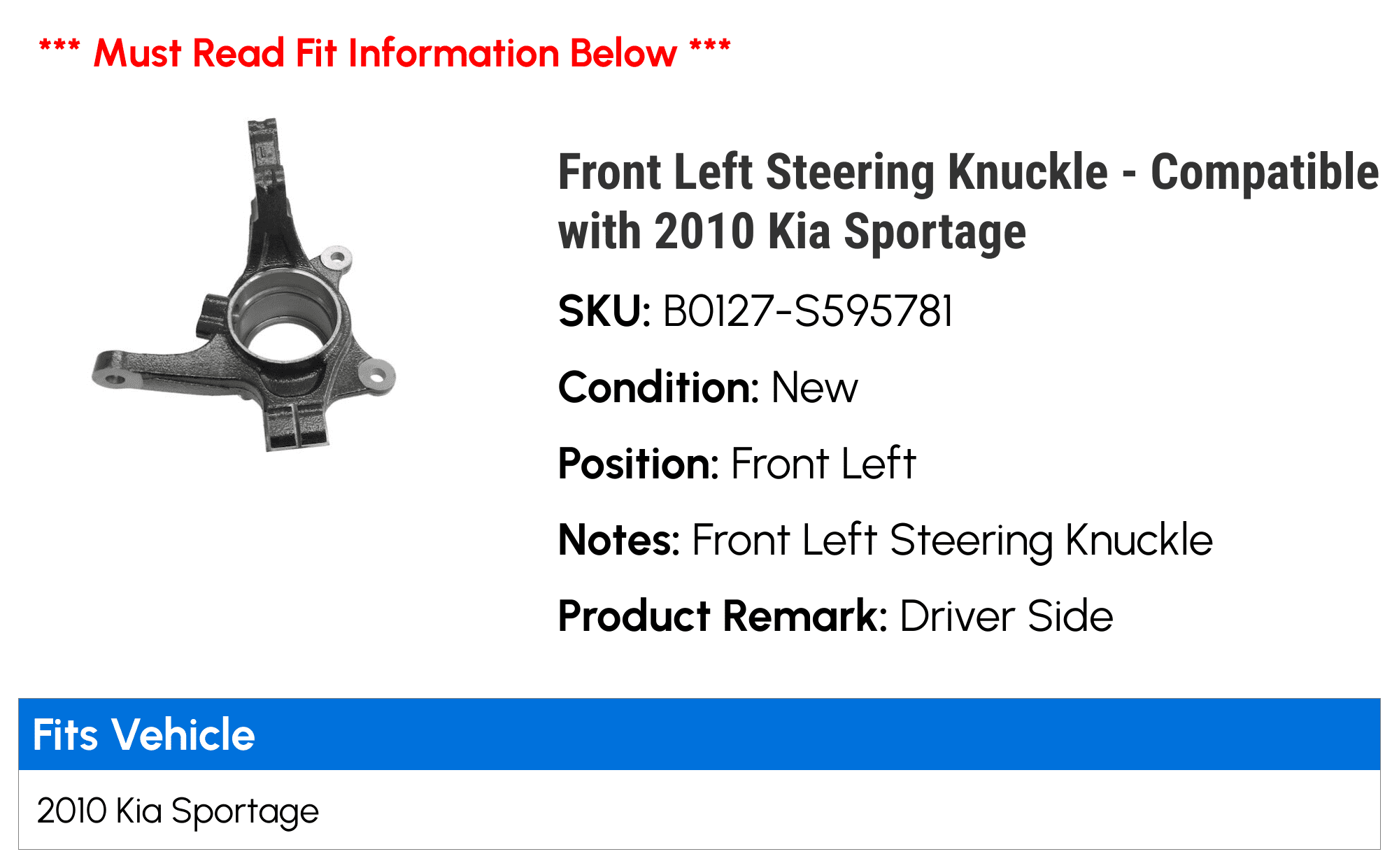 Front Left Steering Knuckle - Compatible with 2010 Kia