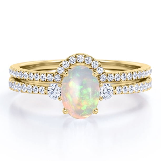 JeenMata Anillo de Bodas de Pasado, Presente y Futuro con Pavé Curvo de Ópalo Etíope Elíptico de 1 Quilate y Moissanita Engastado en Oro Amarillo de 18 K sobre Plata