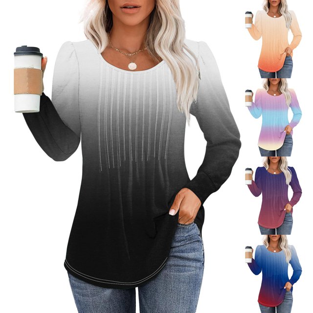 Chemises d'Automne pour Femmes, Tuniques à Manches Longues pour l'Automne, Chemises à Manches Longues pour Femmes Col en V, Chemises Basiques à Manches Longues pour Femmes, Mode Décontractée pour Femmes Haut à Manches Longues Plissé Col Rond Imprimé