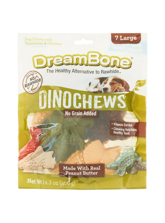DreamBone Large DinoChews Rawhide-Free Chews for Dogs, Made with Real Peanut Butter, Vegetables and Chicken, 7 Count