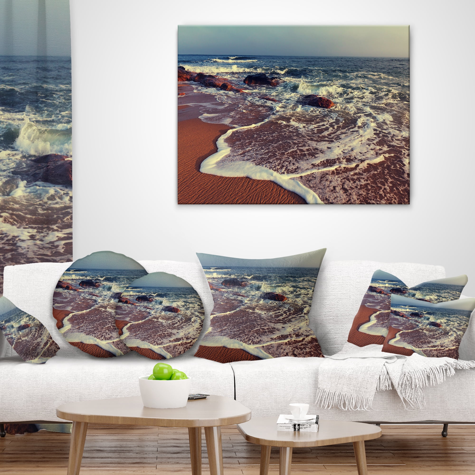 Designart Foaming Waves Kissing Wide Beach - Seashore Throw Pillow - 18x18