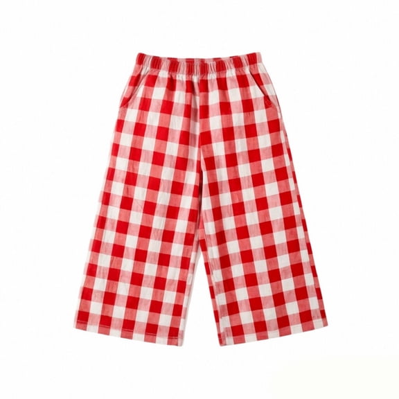 Girls' 𝐆ingham Pants Wide Leg High Waist Dawstring Elastic Waist Casual Plaid Trousers with Pockets for Toddler Sweatpants