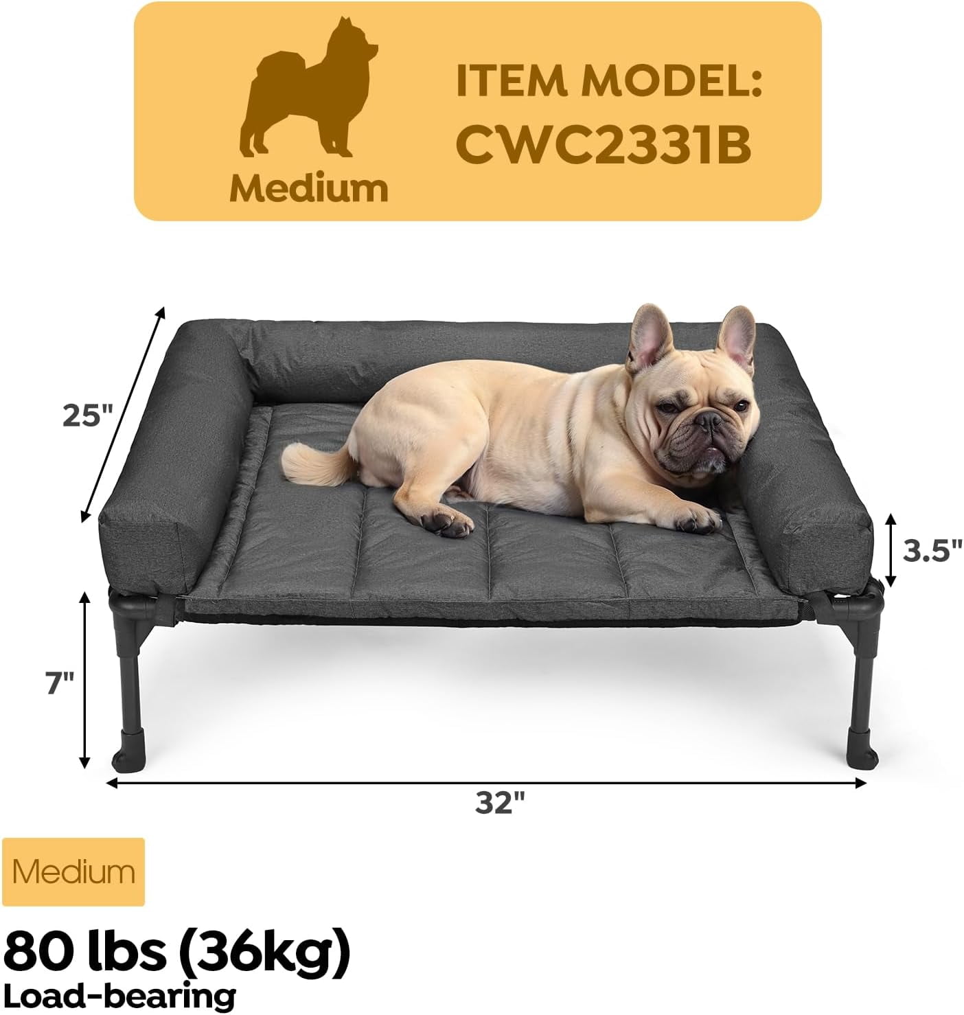 Elevated Dog Bed Add Removable Waterproof Bolster Cushion Mat, Raised Pet Cot with Breathable Teslin Mesh, No-Slip Feet, Dog Sofa Bed for Indoor Outdoor, Medium, Black CWC2331B