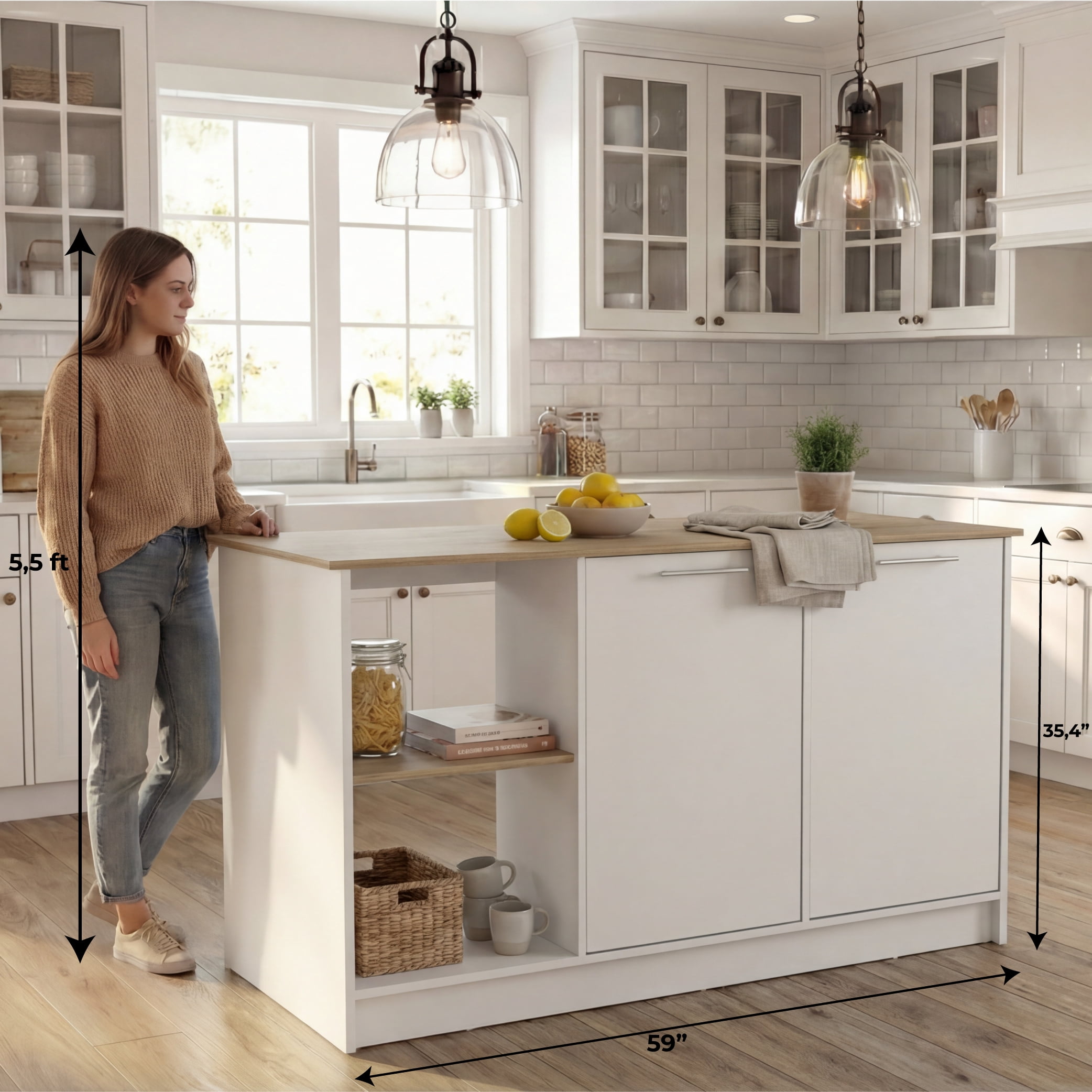 Juniper Kitchen Island with Large Top Surface, Double Door Cabinet, and Open Shelves White / Light Oak