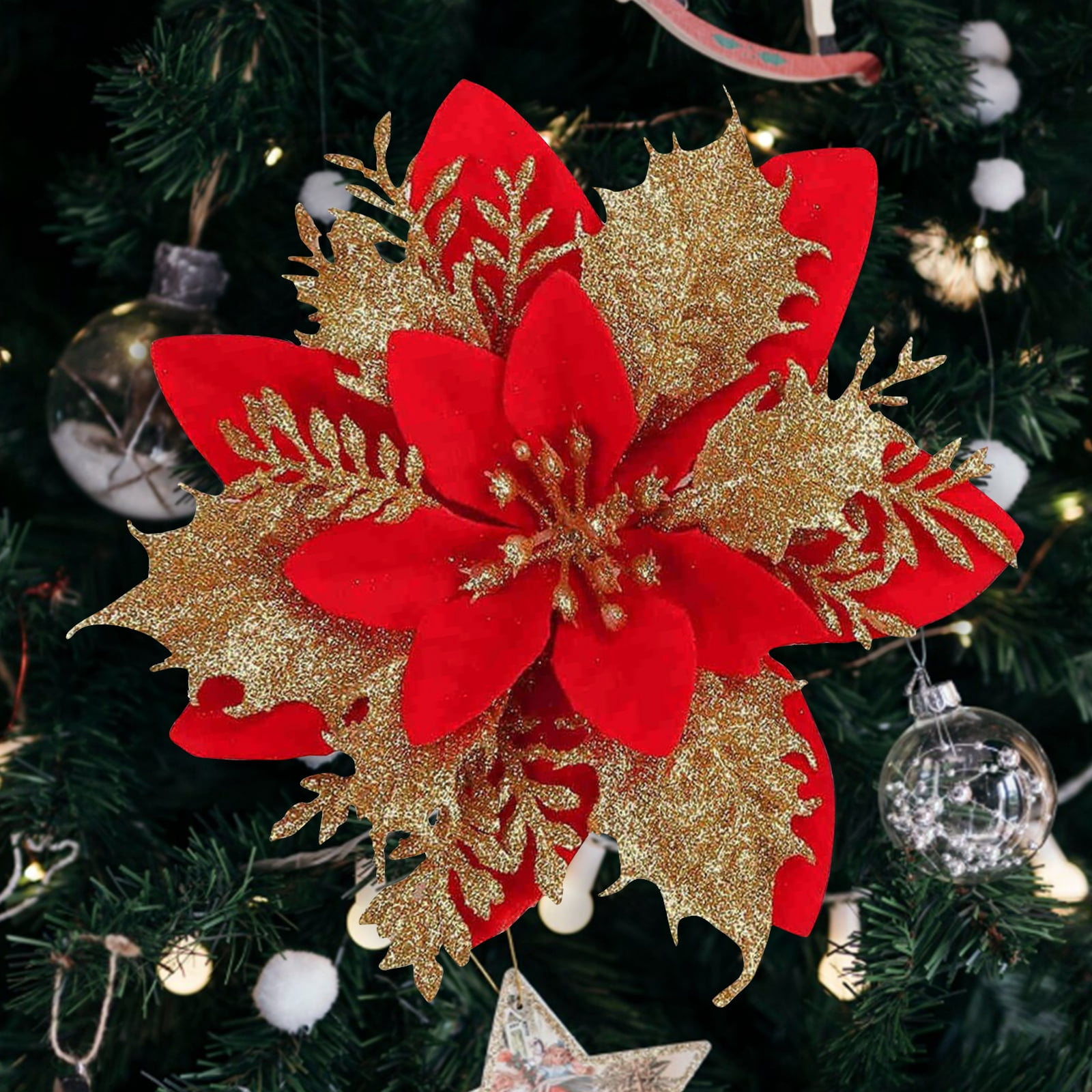 Syvvy 72pcs Poinsettia Christmas Artificial Flowers,Christmas Indoor Decor,5.5" Glitter Flowers with Clips,Xmas Tree,Garland,Gift,Wedding,Party Ornaments,(Red)