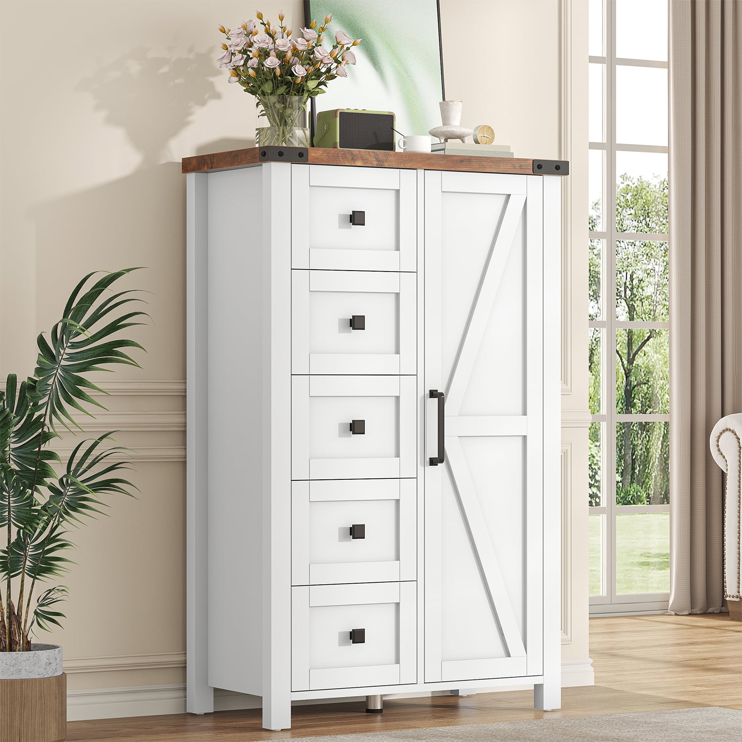 Frmobepts Farmhouse 5 Drawer Dresser with Barn Door, Adjustable Storage Cabinet for Bedroom Living Room, White