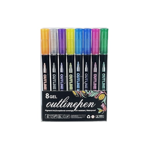 Kaonry 8-Color Watercolor Pencils, Double Line Outline Markers Squiggles Outline Marker Pen Set Outline Metallic Markers Glitter Writing Drawing Pens for Birthday Greeting Card 10Ml