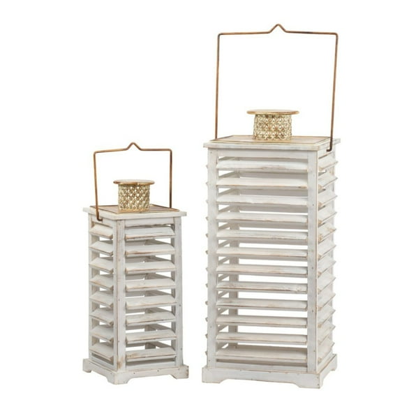 CC Home Furnishings Weathered Style Hanging Wooden Lanterns - 27.5" - White and Gold - Set of 2