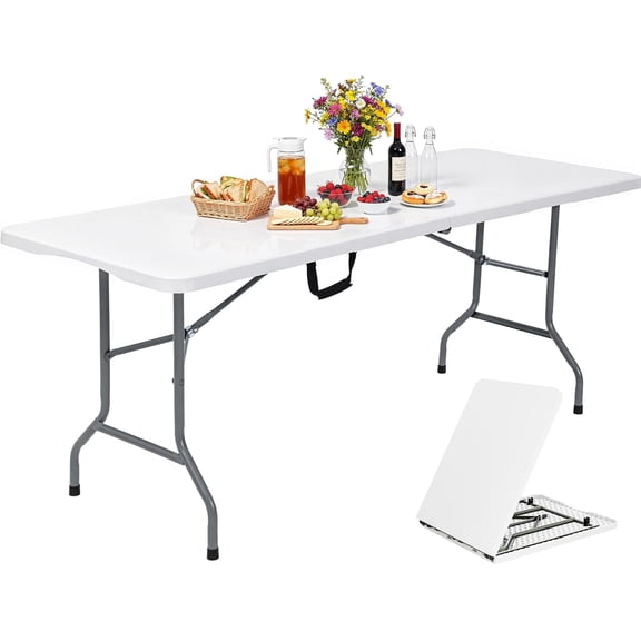 HarmonyStrings 6ft Folding Table w/1.5" Thick Tabletop Heavy Duty, Portable Outdoor Folding Table w/Carrying Handle for Camping Picnic Parties/Indoor Events, White