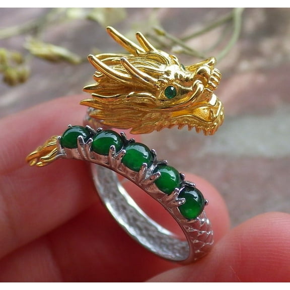 Certified Icy Green silver 0.925 Burma 100% Natural A JADE Jadeite Dragon Cabochon USA 6.25 RING 648889 TN
