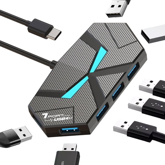 Samovi USB C Hub Multiport Adapter, 7-Port USB C to USB Hub, USB 3.0 Splitter for Laptop, PC, Xbox, Gamepad,Flash Drive, HDD, Console, Printer, Camera,Keyboard, Mouse,USB Fan (Type-C, 1ft)