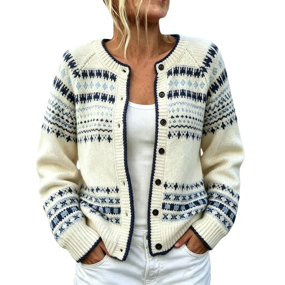 Fair Isle Knitted Sweaters For Women Button up Long Sleeve Cardigans Crew Neck Fall Knit Jacket Graphic Sweaters Open Front Casual Tops Vintage Sweaters For Women Knit Outerwear,Beige,L