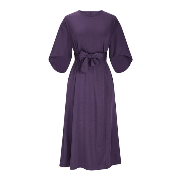 mfyjkho Vestidos para mujer, Vestido informal de manga larga con cuello redondo y color liso para mujer Vestidos de playa para mujer m