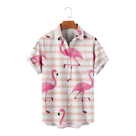 

MLFU Unisex Youth Flamingo Hawaiian Aloha Beach Shirts Loose Fit Lapel Print Hawaii Shirts Holiday Clothing Regular & Big Man Sizes