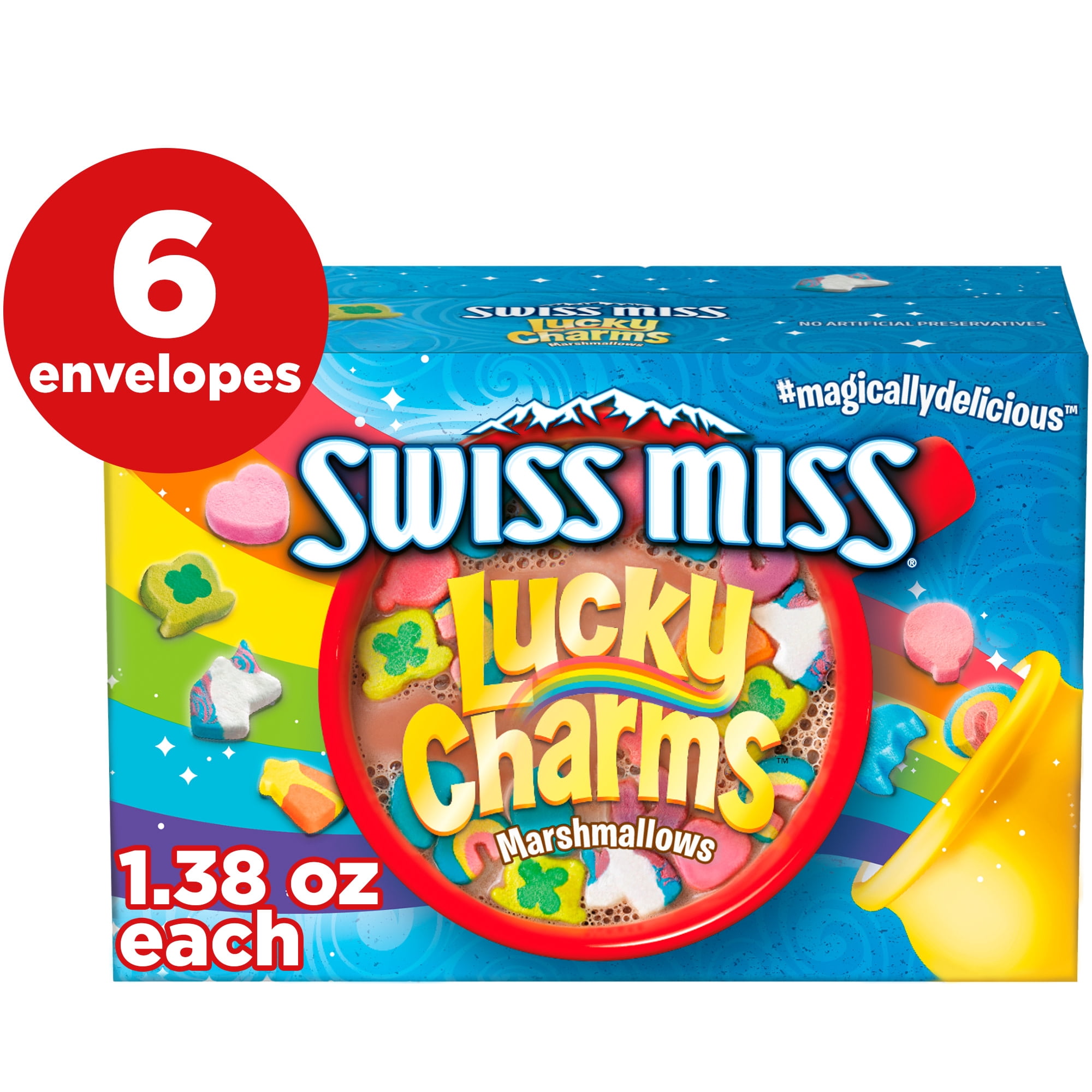 (4 pack) Swiss Miss Chocolate Flavored Hot Cocoa Mix with Lucky Charms Marshmallows, 1.38 oz., 6-Count