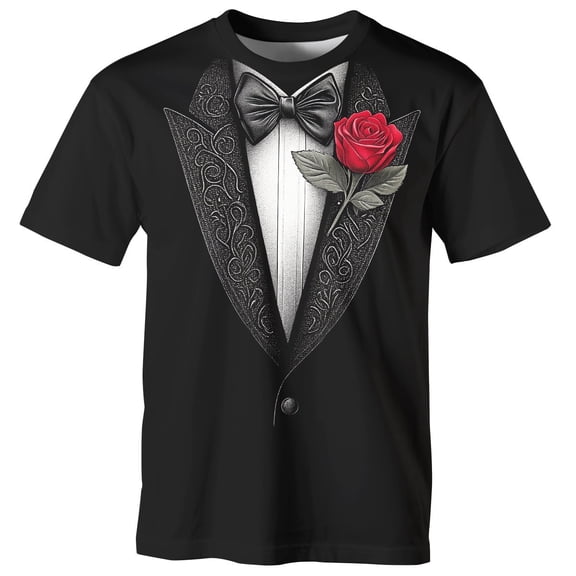GHUALURU Men's Funny Tuxedo Graphic T-Shirt with Rose, Black Formal Suit Print Novelty Tee for Wedding Party Prom Costume,Black3,S