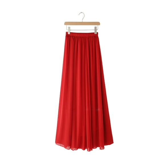Women Chiffon Skirt Elastic High Waist Pleated Ankle-Length Skirt Solid Color Flowy Hem Long Skirt Daily Wear