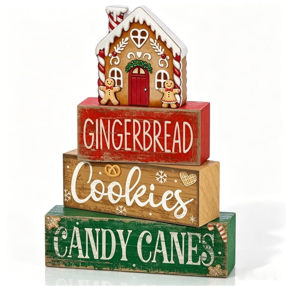 4 Pcs Farmhouse Gingerbread Christmas Decoration Table, Wooden Gingerbread House Tiered Tray Blocks, Rustic Wood Sign, Indoor Xmas Kitchen Shelf Mantel Holiday Decor Gift