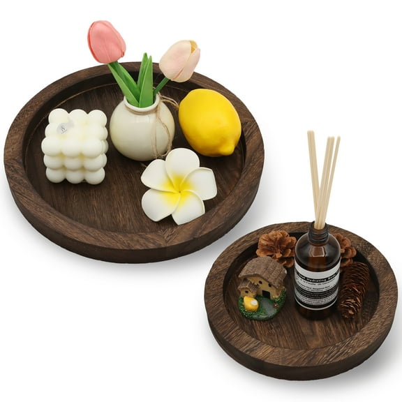 VEGCOO 2-Pack Rustic Wooden Tray Candle Holders - Round Burned Finish Decorative Trays for Coffee Table, Centerpiece, Bathroom (Small: 8" & Large: 11" Vintage Home Decor Set)