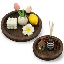VEGCOO 2-Pack Rustic Wooden Tray Candle Holders - Round Burned Finish Decorative Trays for Coffee Table, Centerpiece, Bathroom (Small: 8" & Large: 11" Vintage Home Decor Set)