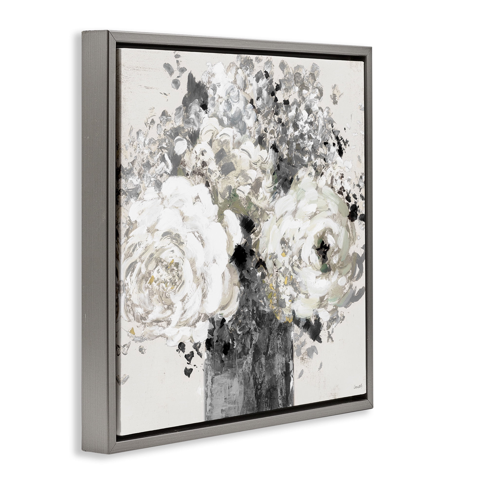 Stupell Industries Bold Abstract Floral Arrangement Botanical & Floral Painting Gray Floater Framed Canvas Art Print Wall Art, 25 x 25