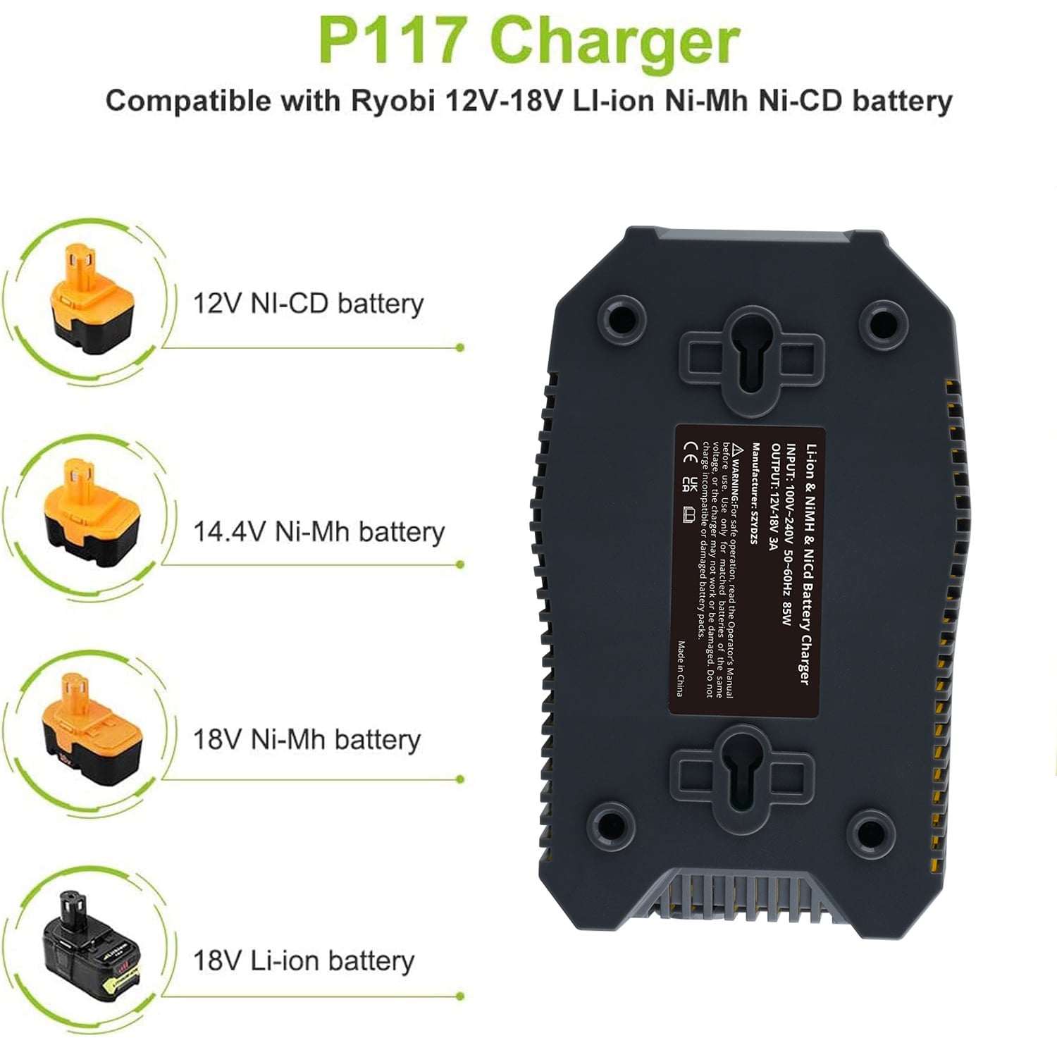18-Volt P117 Rapid Charger Replacement for Ryobi 12V-18V Battery Lithium-Ion/NiCad Battery P102 P108 P189 P197 P103 P105 P107 P190 P191 PBP002 PBP005