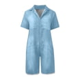 thumbnail image 3 of Womens Casual Short Sleeves Denim Romers Elastic Waist Button Down Onesie Jumpsuits Hem Jean Short Jumpsuit with Pockets(Blue,XL), 3 of 4
