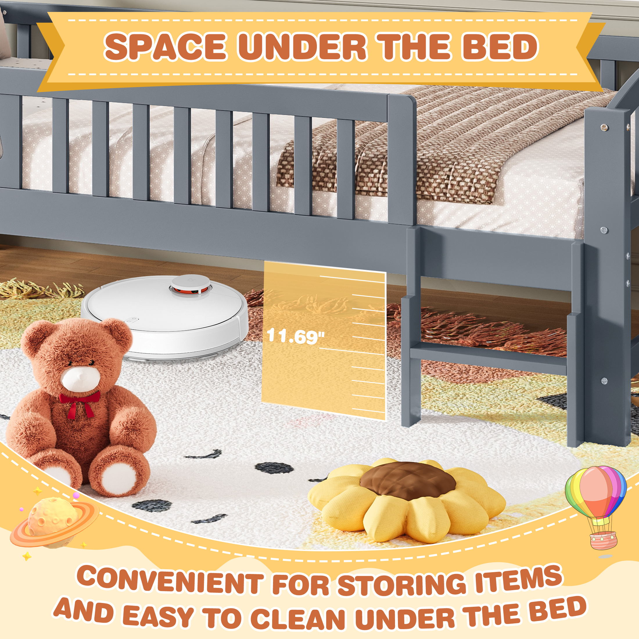 PAPROOS Wood Twin Platform Bed Frame, Twin Size Bed Frame with Fence Guardrail Ladder, No Box Spring Needed, Grey