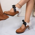 thumbnail image 2 of Abomasnow Women's Round Toe Two Tone Mary Jane Heels Ribbon Bow Tie Block Heel Dress Shoes Vintage Brogue Pumps for Party Daily Wear, 2 of 9