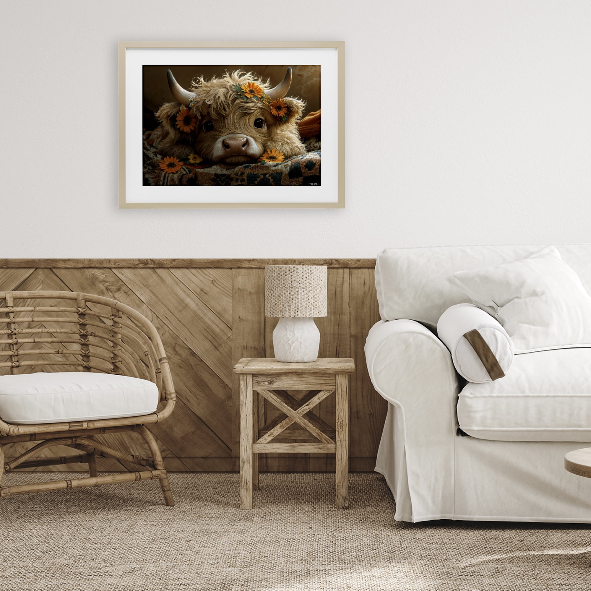 Adorable Flower Bedecked Cattle Birch Framed Print Under Glass, design by Momart