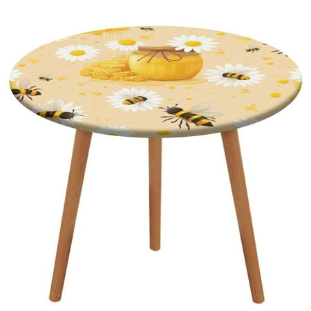 

Honey Bees Jars And Flowers Pattern Round Fitted Tablecloth Elastic Table Cover Waterproof Dining for Indoor Outdoor Decor Table Cloth XL-60