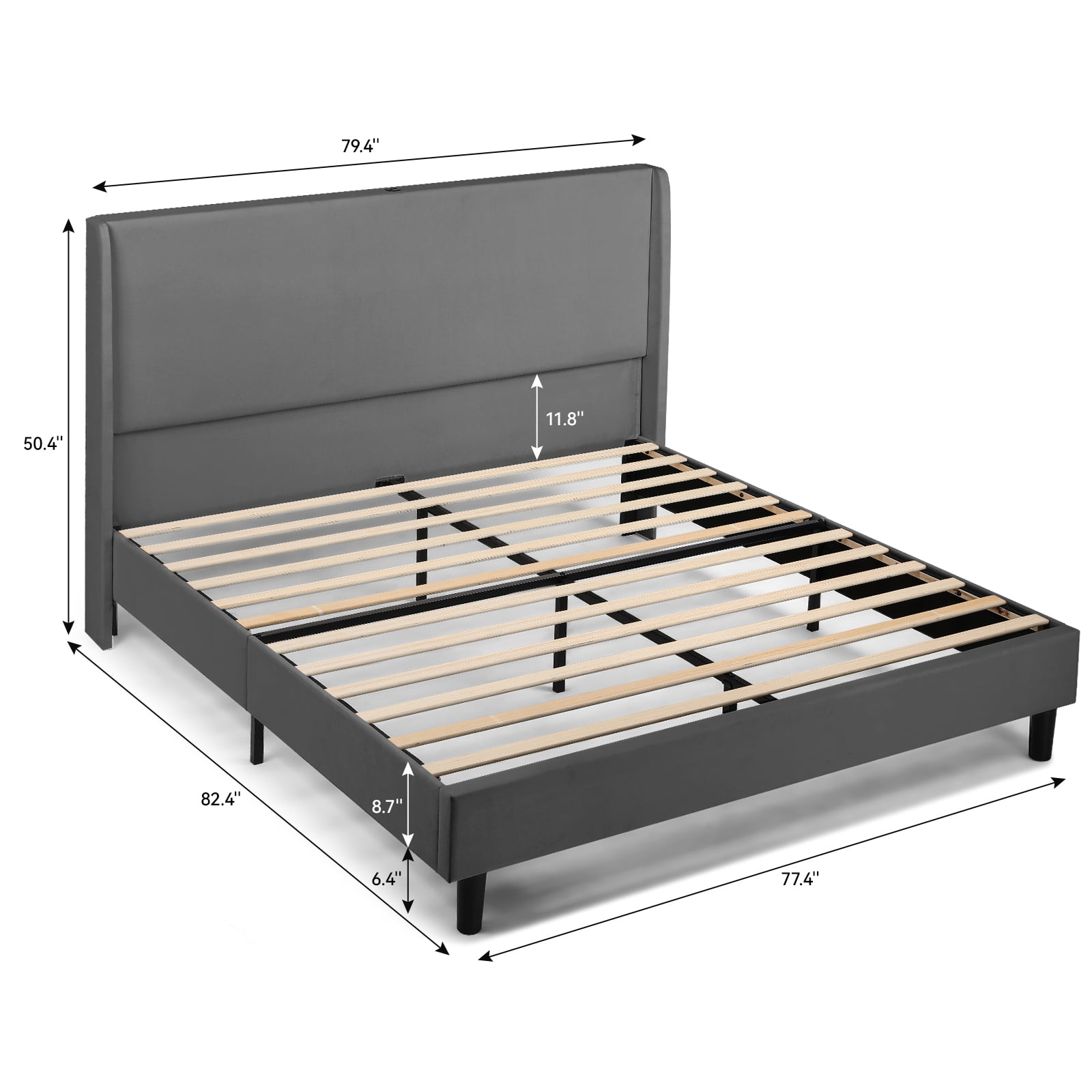 COMHOMA Queen Bed Frame with Type-C & USB, Upholstered Bed Frame with 51" High Headboard Tall, White Bed Frame with Wood Slat Support, Wingback Headboard,Grey