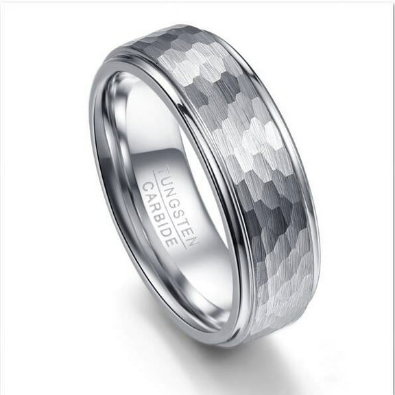 8mm Hammered Tungsten Carbide Rings for Men Women Sliver Plated Edges Comfort Fit Size 7-12