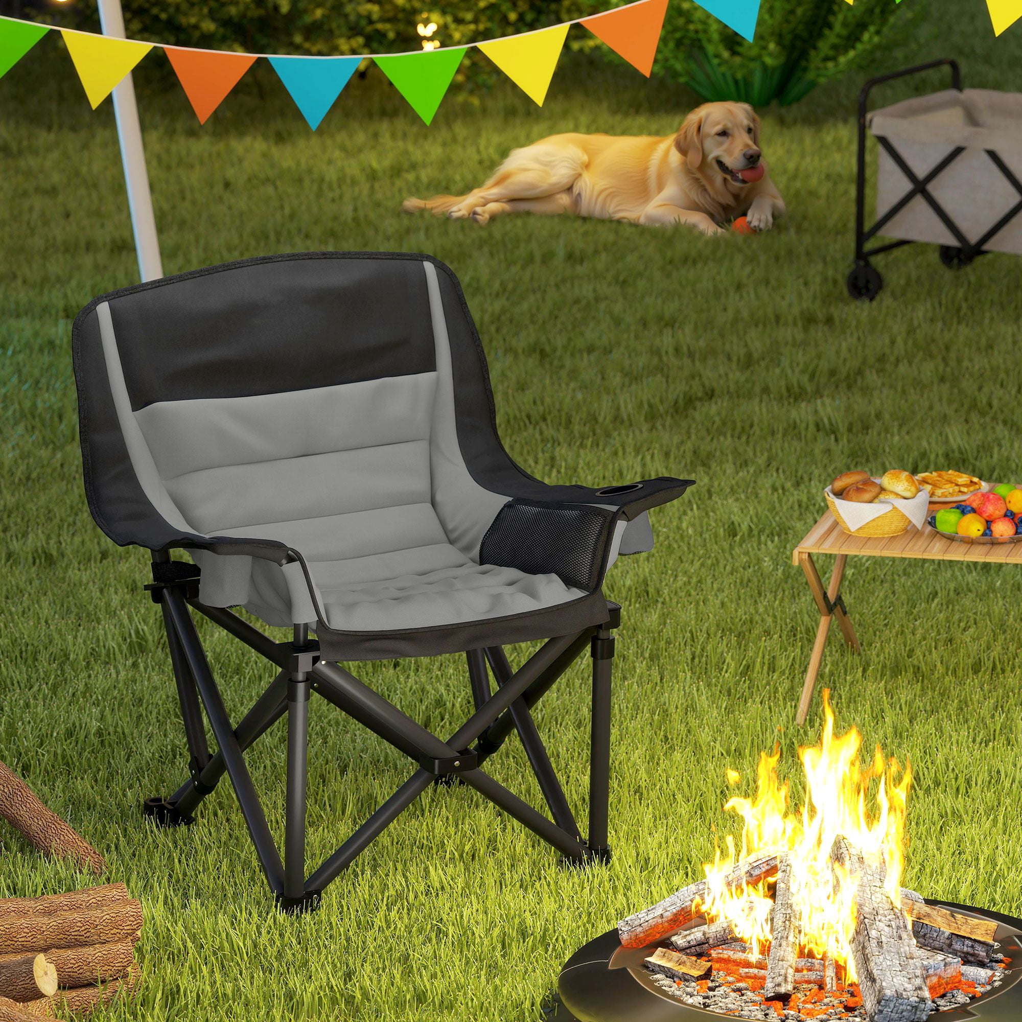 Padded Folding Camping Chair with Side Pockets & 2 Cup Holders, 600D Oxford Heavy Duty Metal Frame Portable Lawn Fishing Chair 265lbs Capacity with Carry Bag