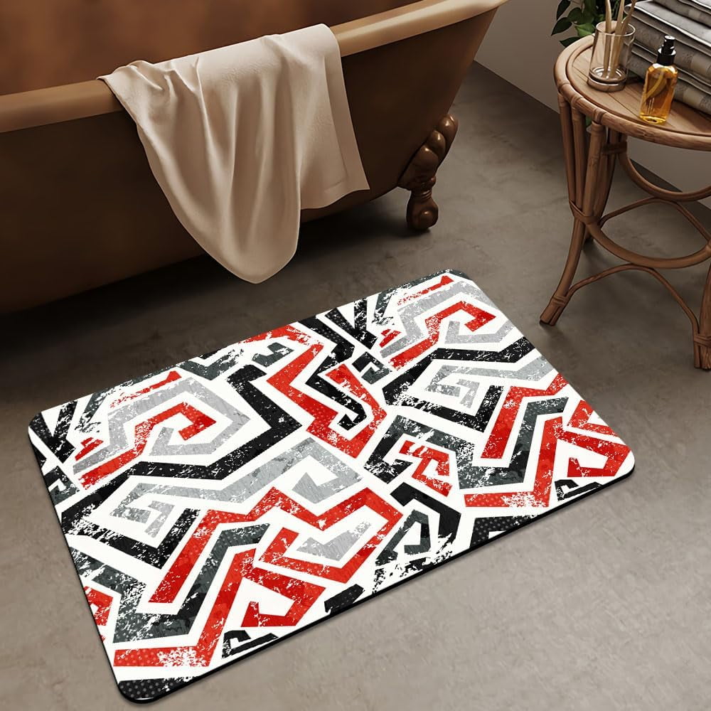 Bath Mat Rug,abstract grunge red curved lines Non Slip Quick Dry Super Absorbent Thin Bathroom Rugs Fit Under Door-Easy to clean Bathroom Floor Mats-Shower Rug for Shower Sink Bathtub(17" x 27.5"In)