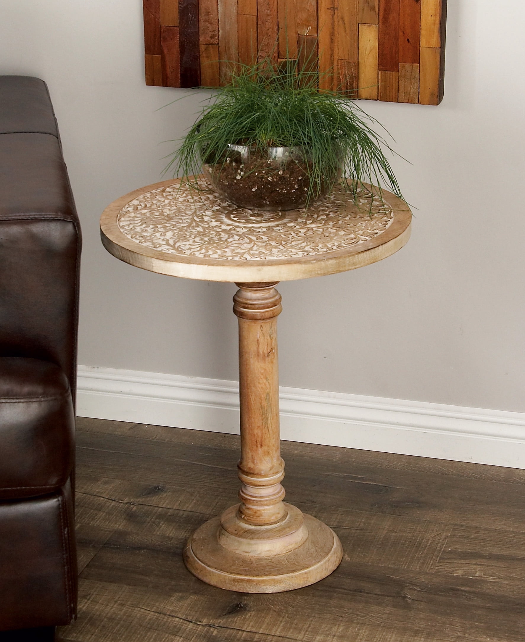 Decmode - 22 x 17 inch minimalistic mango wood round accent table with ...