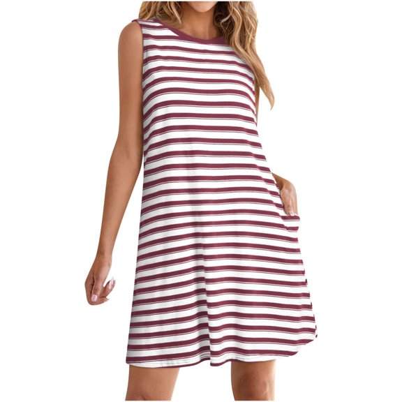 Kukoosong Summer Casual Sleeveless Crew Neck Striped Dress for Women with Loose Fit Breathable Knee-Length Dresses