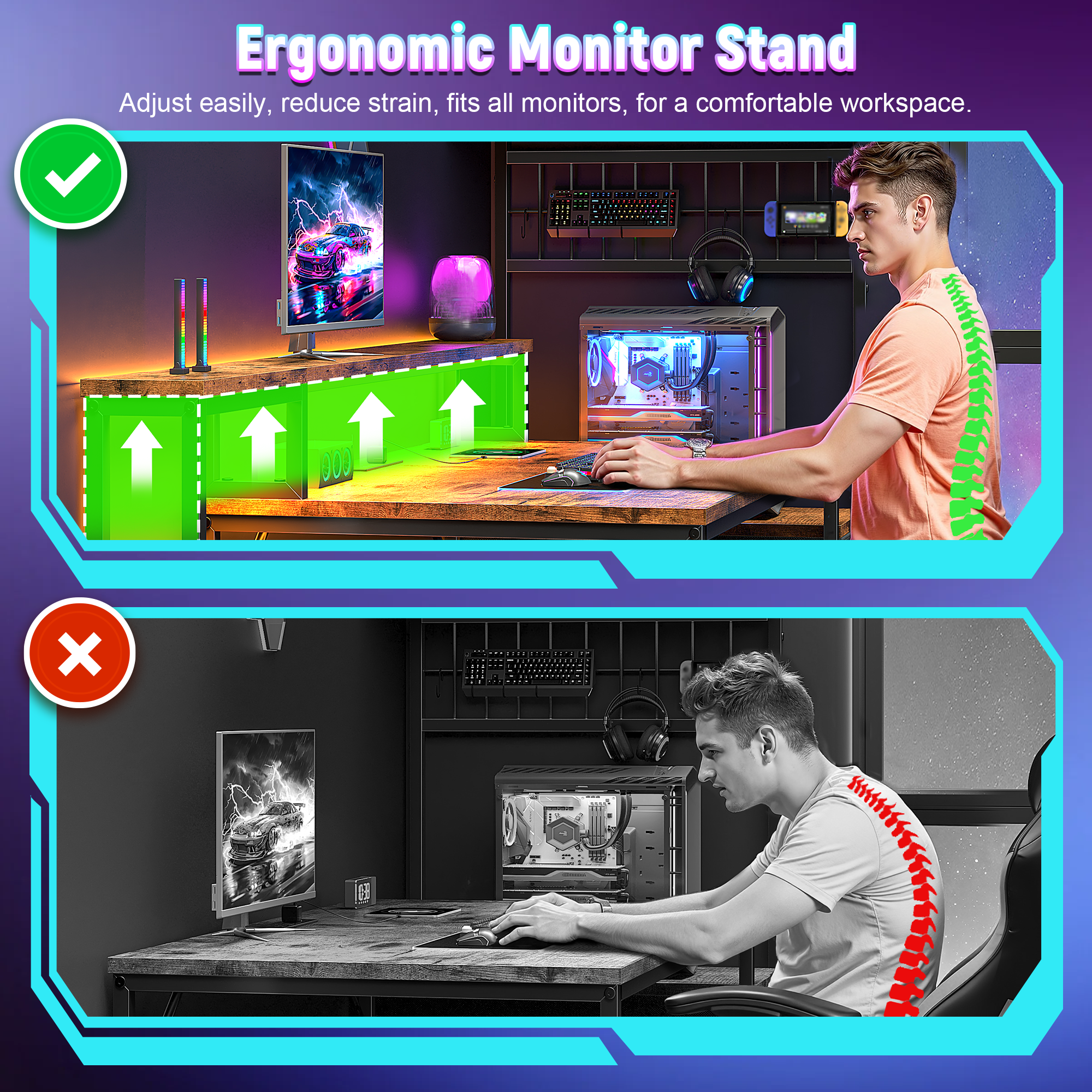 Romorgniz 63"W Gaming Desk Computer Desk with Hutch Corner Desk with LED Lights， Outlets & Monitor Stand for Gaming,Studying,Home Office Desks,Rustic Brown