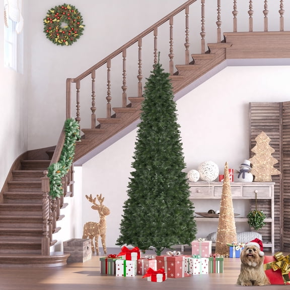 HOMCOM 8 Foot Pine Artificial Christmas Tree, Slim Pencil Xmas Tree with 952 Realistic Branches, Steel Base, Auto Open, Green