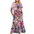 thumbnail image 1 of Qiopertar Robe d'Été Décontractée à Manches Courtes Col Rond Robe Maxi Fluide à Volants de Plage avec Poches Robe à Imprimé Dégradé Grandes Économies de Vacances! jusqu'à 90 % de Réduction, 1 of 5