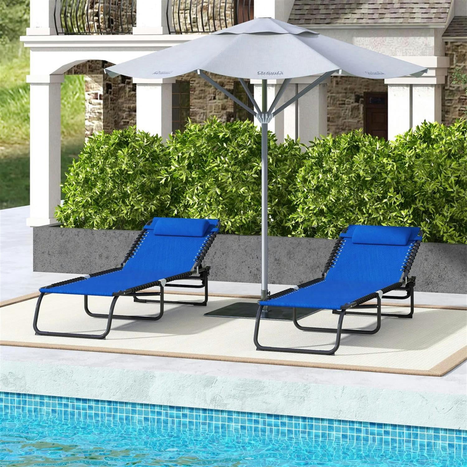 Demi Bonn Outdoor Folding Chaise Lounge Chairs Set of 2 with 4-Position Reclining Pillow-Back, Breathable Mesh Seat, Bungee for Pool, Beach, Patio, Blue