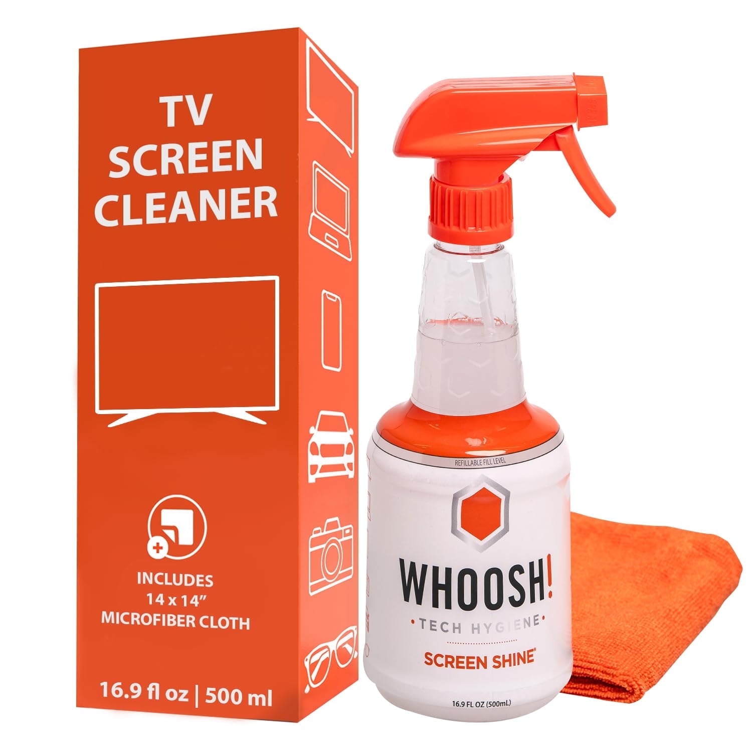 WHOOSH! Refillable Screen Cleaner Kit - 16.9 fl oz Spray + Microfiber Cloth – For TVs, Laptops, Phones, Car Displays, Sports Visors, Keyboards, Whiteboards – Alcohol-Free, Safe for All Devices