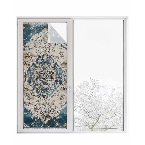 Window Privacy Film Blue Gray Boho Flower Stained Glass Window Film Decorative Sun Block Window Cover Vintage National Floral Window Clings Static Adhesive Sticker for Bathroom 29.5"x78.7"