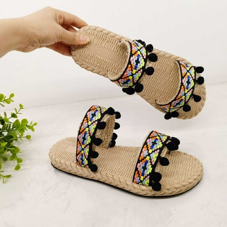 

Shldybc Womens Flat Sandals Flat Slide Sandals Summer Bohon Folk Style Linen Flat Beach Shoes With Everything Vacation Slippers on Clearance