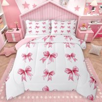 Homewish Lovely Bow Ribbon Full Size Comforter Sets,Cute Cartoon Bowknot Bedding Comforter Set,Pink Bowtie Bedding Sets For Girl Teens,Ultra Soft Home Decor Reversible,3-Piece