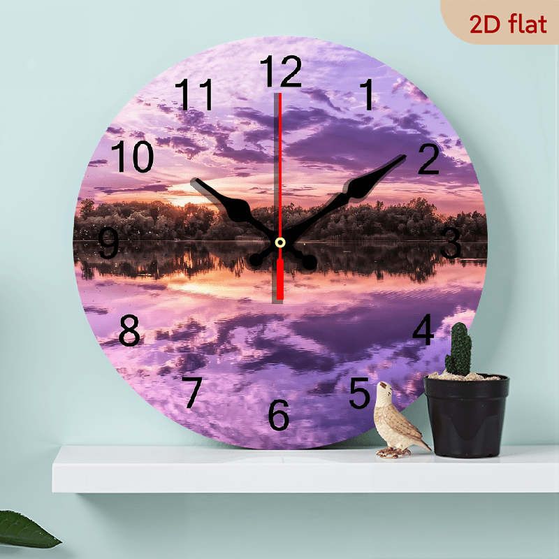 2D Flat 1pc 10Inch Wooden Wall Clock Silent Non Ticking Clocks, Panorama Lake Sunset Wallpaper Nature Waters, Battery Operated Round Farmhouse Clock, Rustic Clocks Decor